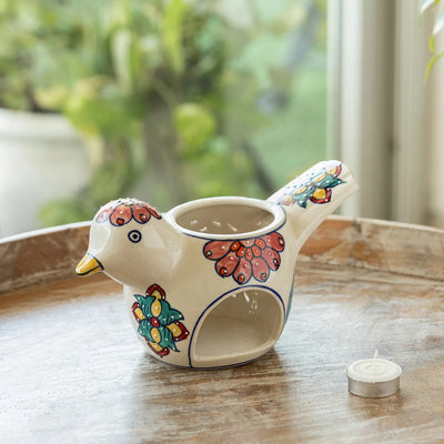 ExclusiveLane 'Chirpy Birdy' Ceramic Table Tea Light Holder (Hand-Painted, 13.5 Cms)