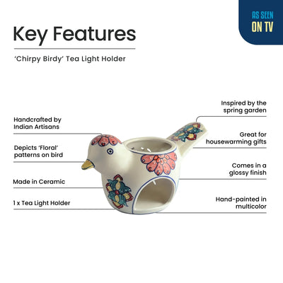 ExclusiveLane 'Chirpy Birdy' Ceramic Table Tea Light Holder (Hand-Painted, 13.5 Cms)