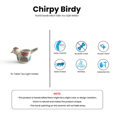 ExclusiveLane 'Chirpy Birdy' Ceramic Table Tea Light Holder (Hand-Painted, 13.5 Cms)