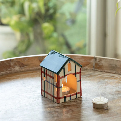 ExclusiveLane 'Tudor Cottage' Ceramic Table Tea Light Holder (Hand-Painted, 11.8 Cms)