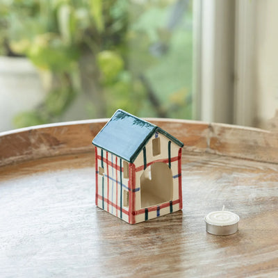 ExclusiveLane 'Tudor Cottage' Ceramic Table Tea Light Holder (Hand-Painted, 11.8 Cms)