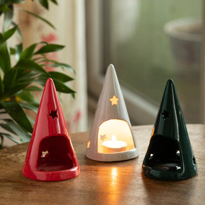 ExclusiveLane 'Cone Trio' Ceramic Table Tea Light Holder (Set Of 3, Hand-Glazed, 15.5 Cms)