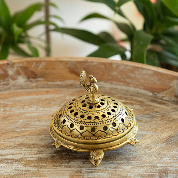  'Peacock Charm' Brass Dhoop Dani Incense Burner (Hand-Etched, 0.711 Kg)