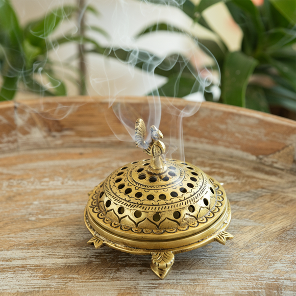  'Peacock Charm' Brass Dhoop Dani Incense Burner (Hand-Etched, 0.711 Kg)