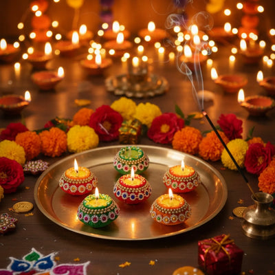 ExclusiveLane 'Deepotsav' Terracotta Decorative Diyas (Set Of 6, Handpainted, Multicoloured)