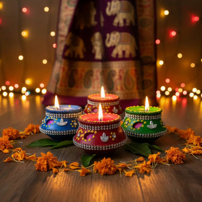 ExclusiveLane 'Utsav Deep' Terracotta Decorative Diyas (Set Of 4, Handpainted, Multicoloured)