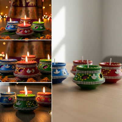 ExclusiveLane 'Utsav Deep' Terracotta Decorative Diyas (Set Of 4, Handpainted, Multicoloured)