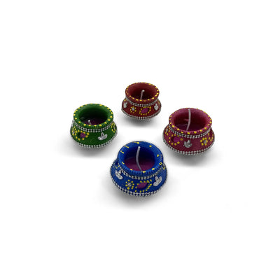 ExclusiveLane 'Utsav Deep' Terracotta Decorative Diyas (Set Of 4, Handpainted, Multicoloured)