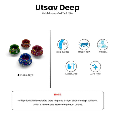 ExclusiveLane 'Utsav Deep' Terracotta Decorative Diyas (Set Of 4, Handpainted, Multicoloured)