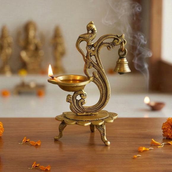  'Luminous Peacock' Brass Diya with Bell (1 Wick, 19.6 Cm, 20 ml, Hand-Etched)