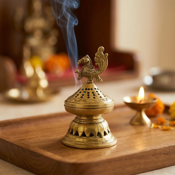  'Elegant Peacock' Dhoop Dani Brass Incense Burner (15.6 Cm, 0.98 Kg, Hand-Etched)