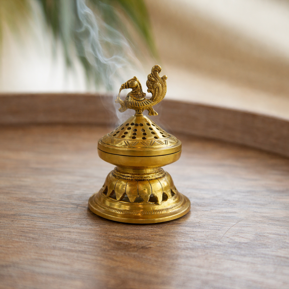  'Elegant Peacock' Dhoop Dani Brass Incense Burner (15.6 Cm, 0.98 Kg, Hand-Etched)