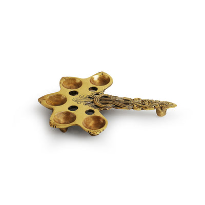 Handcarved 'Panch Deep' Brass Aarti Pooja Spoon (5 Wicks, 7.4 Inches, 0.52 Kg, Hand-Etched)