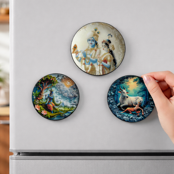  'Krishna's Grace' Fridge Magnets (8.8 Cm, Set of 3, Iron, Hand-Enameled)