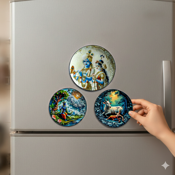  'Krishna's Grace' Fridge Magnets (8.8 Cm, Set of 3, Iron, Hand-Enameled)
