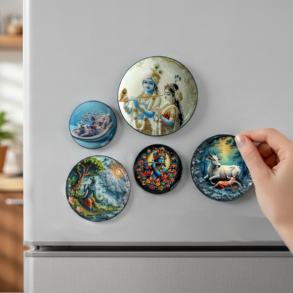  'Radha Krishna Flute Melody' Fridge Magnets (8.8 Cm, Set of 5, Iron, Hand-Enameled)