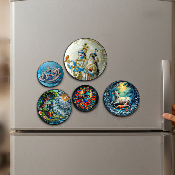  'Radha Krishna Flute Melody' Fridge Magnets (8.8 Cm, Set of 5, Iron, Hand-Enameled)