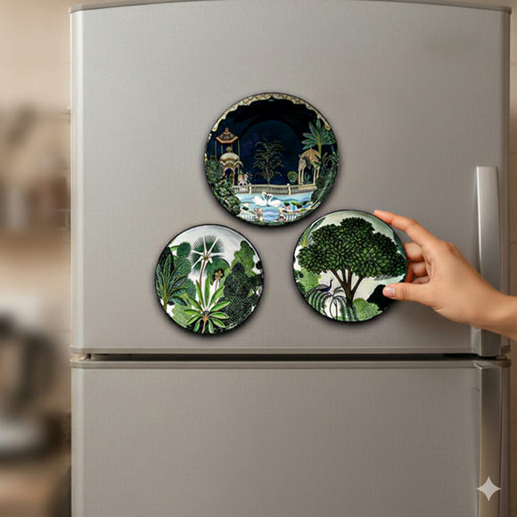  'Mughal Heritage' Fridge Magnets (8.8 Cm, Set of 3, Iron,Hand-Enameled)