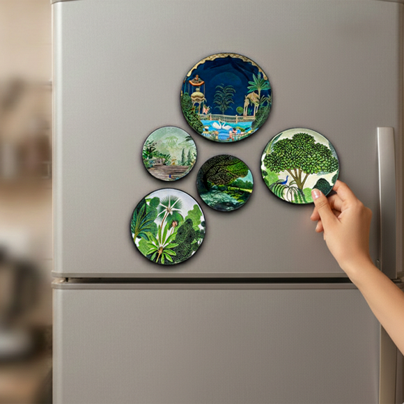  'Mughal Heritage' Fridge Magnets (8.8 Cm, Set of 5, Iron,Hand-Enameled)