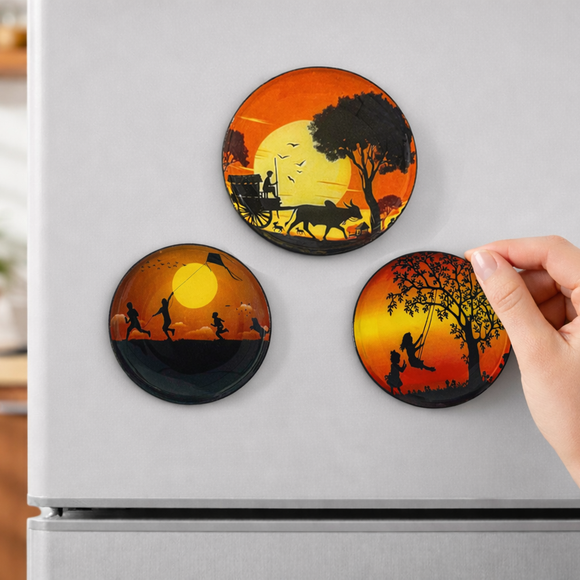  'Village Serenity' Fridge Magnets (8.8 Cm, Set of 3, Iron, Hand-Enameled)