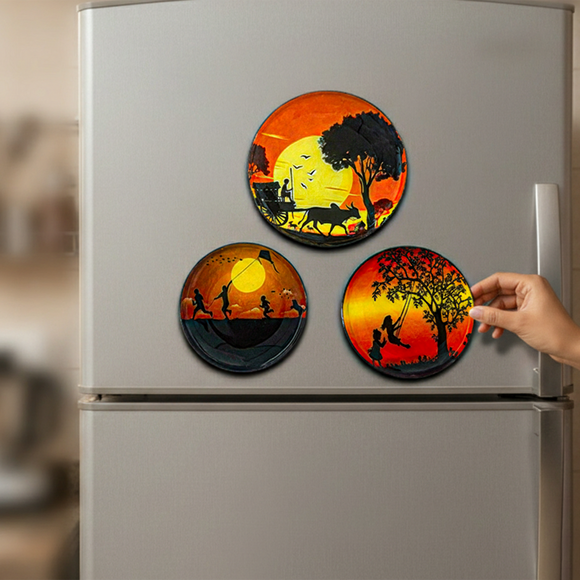  'Village Serenity' Fridge Magnets (8.8 Cm, Set of 3, Iron, Hand-Enameled)