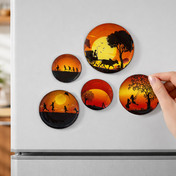  'Village Serenity' Fridge Magnets (8.8 Cm, Set of 5, Iron, Hand-Enameled)