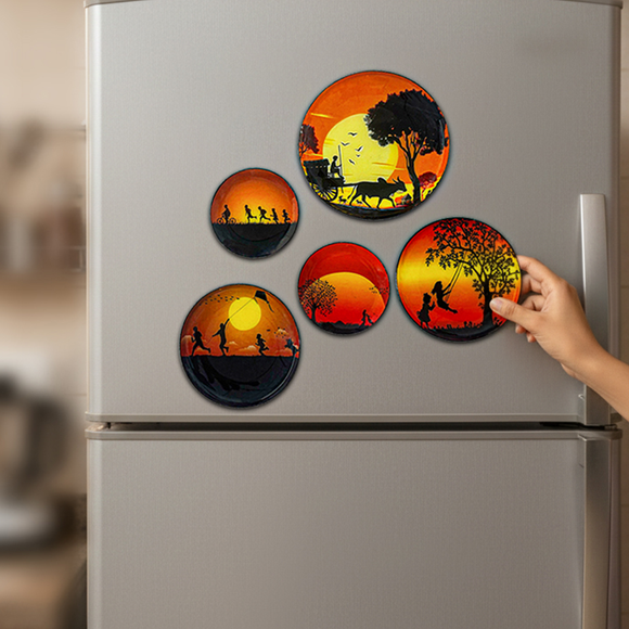  'Village Serenity' Fridge Magnets (8.8 Cm, Set of 5, Iron, Hand-Enameled)