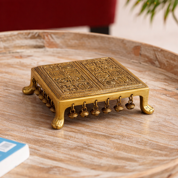  'Elegant Mandala' Decorative Brass Pooja Chowki (5.2 Cm, 1.6 Kg, Hand-Etched)