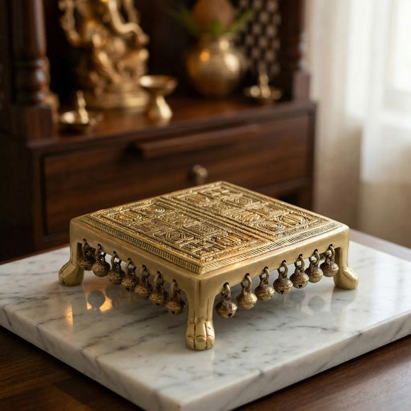  'Elegant Mandala' Decorative Brass Pooja Chowki (5.2 Cm, 1.6 Kg, Hand-Etched)