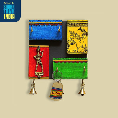 'In-Key-Geneous' Warli Hand-Painted Wooden Key Holder With Dhokra Art