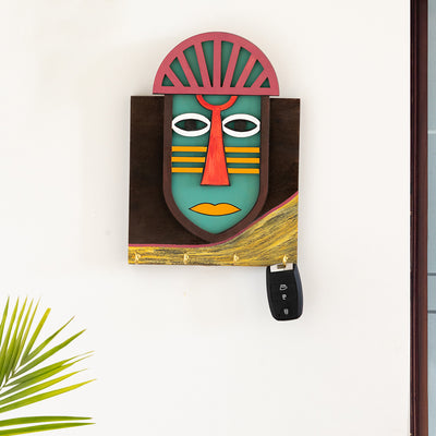 Tribal 'African Mask' Decorative Key Holder (4 Hooks, Hand-Painted)
