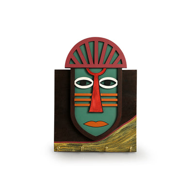 Tribal 'African Mask' Decorative Key Holder (4 Hooks, Hand-Painted)