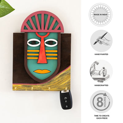 Tribal 'African Mask' Decorative Key Holder (4 Hooks, Hand-Painted)