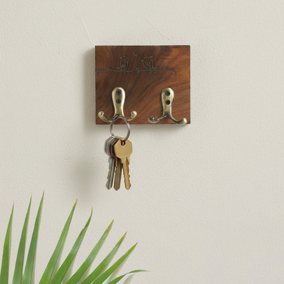  'Branch Birdies' Sheesham Wood Decorative Key Holder (2 Hooks, Hand-Carved)