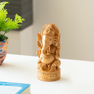 Benevolent Ganesha' Idol Decorative Showpiece Figurine (Wooden Hand-Carved, 6.1 Inches)