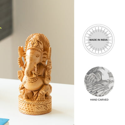 Benevolent Ganesha' Idol Decorative Showpiece Figurine (Wooden Hand-Carved, 6.1 Inches)