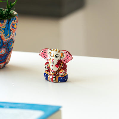 Meenakari 'Car Ganesha' Idol Decorative Showpiece Figurine (Metal, Hand-Painted, 2 Inches)