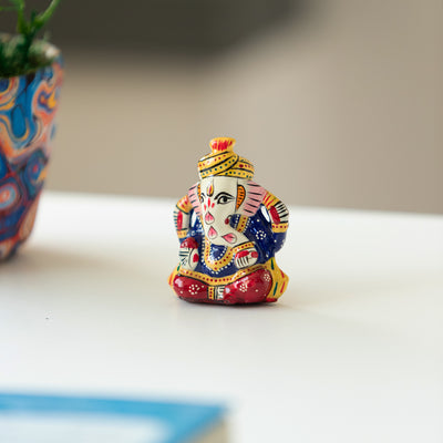 Meenakari 'Car Ganesha' Idol Decorative Showpiece Figurine (Metal, Hand-Painted, 2.7 Inches)