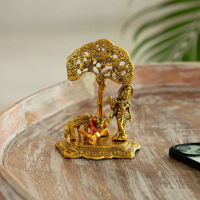 'Krishna With Cow' Idol Showpiece Figurine (15.5 cm, Golden, Metal, Handcrafted)