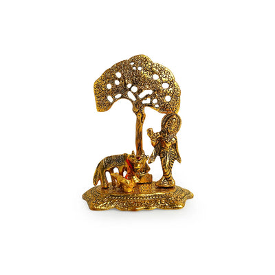 'Krishna With Cow' Idol Showpiece Figurine (15.5 cm, Golden, Metal, Handcrafted)