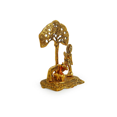 'Krishna With Cow' Idol Showpiece Figurine (15.5 cm, Golden, Metal, Handcrafted)