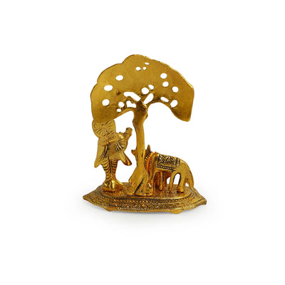 'Krishna With Cow' Idol Showpiece Figurine (15.5 cm, Golden, Metal, Handcrafted)