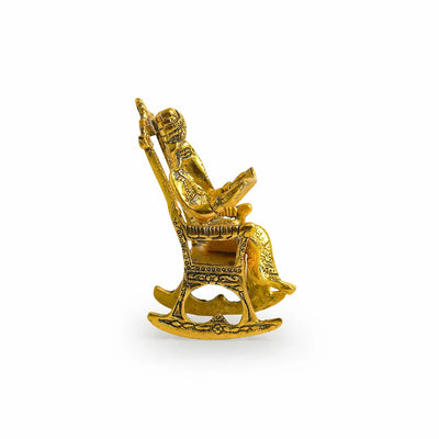 'Ganesha On Rocking Chair' Idol Showpiece Figurine (15 cm, Golden, Metal, Handcrafted)