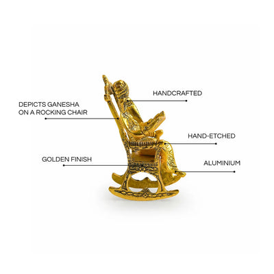 'Ganesha On Rocking Chair' Idol Showpiece Figurine (15 cm, Golden, Metal, Handcrafted)