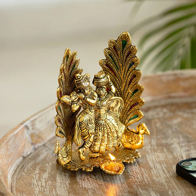 'Radha-Krishna & Peacock' Idol Showpiece Figurine with Diya (1 Wick, 17.5 cm, Golden, Metal, Handcrafted)