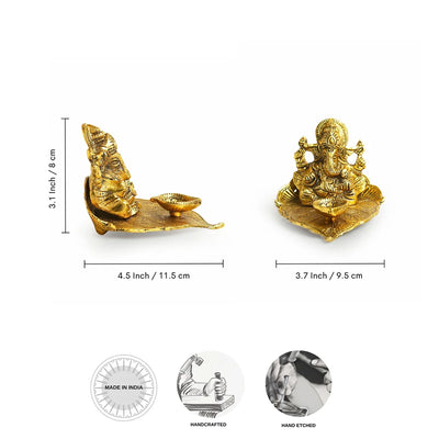 'Betel Leaf Ganesha' Idol Showpiece Figurine with Diya (1 Wick, 7.9 cm, Golden, Metal, Handcrafted)