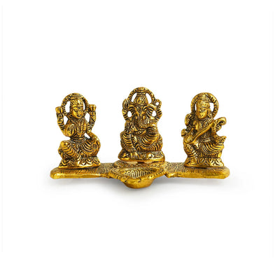 'Laxmi Ganesh & Saraswati' Idol Showpiece Figurine with Diya (1 Wick, 9.4 cm, Golden, Metal, Handcrafted)