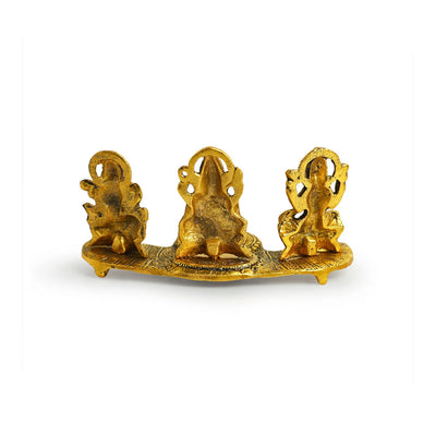 'Laxmi Ganesh & Saraswati' Idol Showpiece Figurine with Diya (1 Wick, 9.4 cm, Golden, Metal, Handcrafted)