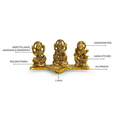 'Laxmi Ganesh & Saraswati' Idol Showpiece Figurine with Diya (1 Wick, 9.4 cm, Golden, Metal, Handcrafted)