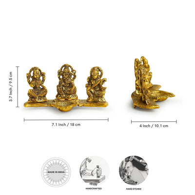 'Laxmi Ganesh & Saraswati' Idol Showpiece Figurine with Diya (1 Wick, 9.4 cm, Golden, Metal, Handcrafted)